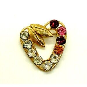 VTG Carla Signed 12K Gold Filled Multi‑Color Rhinestone Heart Brooch